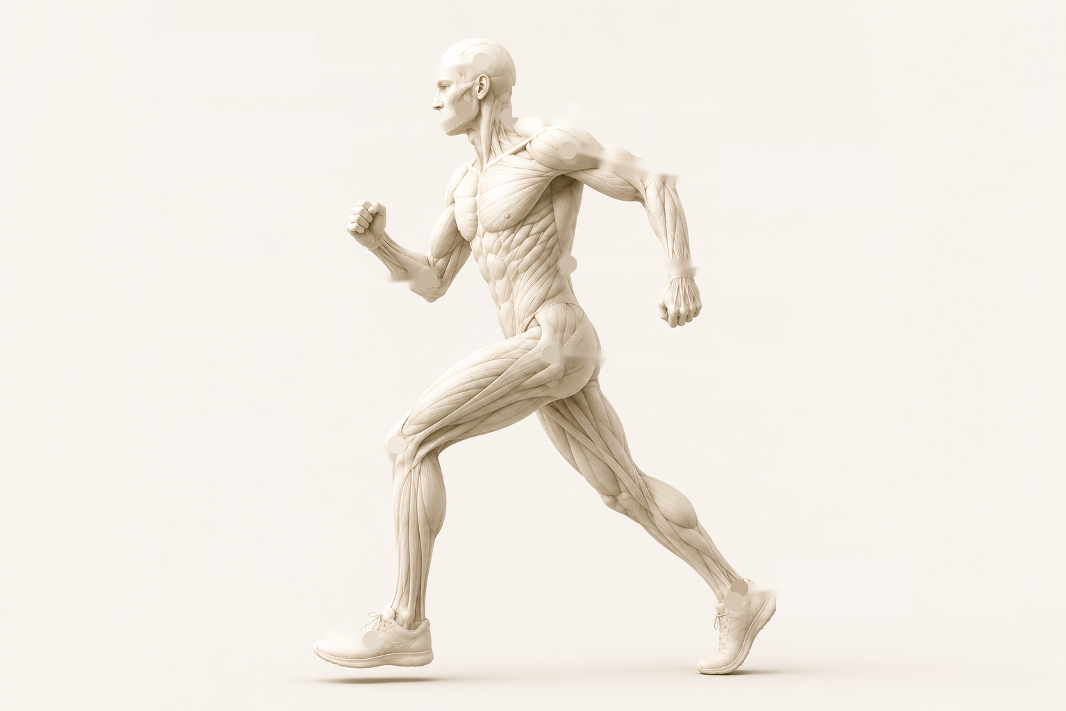 Anatomical diagram of a runner mid-stride showing areas we treat: headaches, TMJ dysfunction and dizziness, neck, shoulder, elbow, hand and wrist, back, hip & groin, knee, and ankle & foot pain